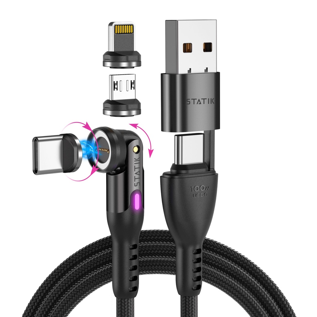 STATIK 360Pro braided rotating 3 magn. tips 6-in-1 Cable Black 2m