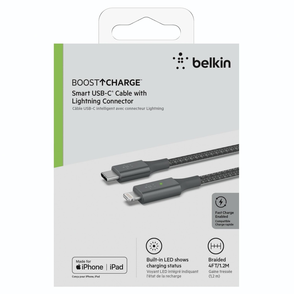 Belkin Smart LED Cable grey 1,2m USB-C / Lightning   CAA006bt04GR