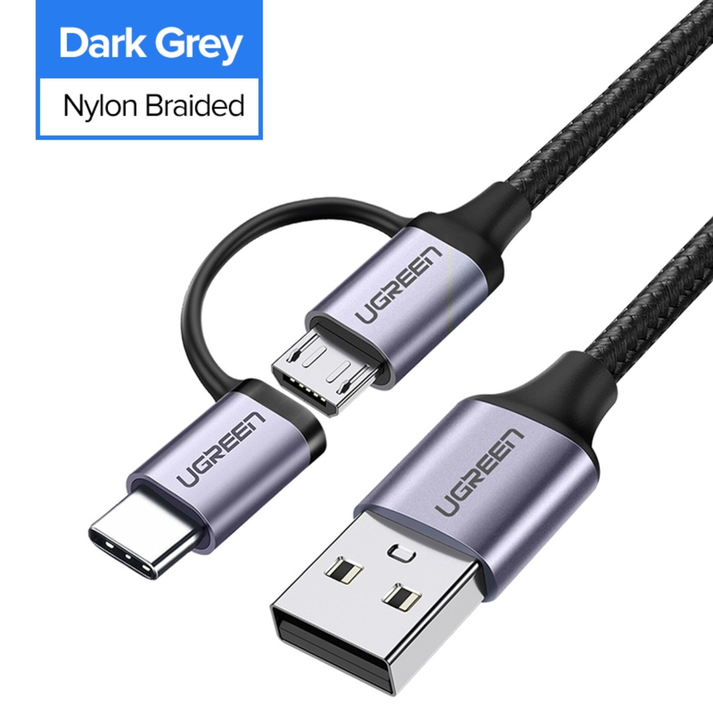 UGREEN USB-A to Micro USB + USB Type-C Cable 1m Black