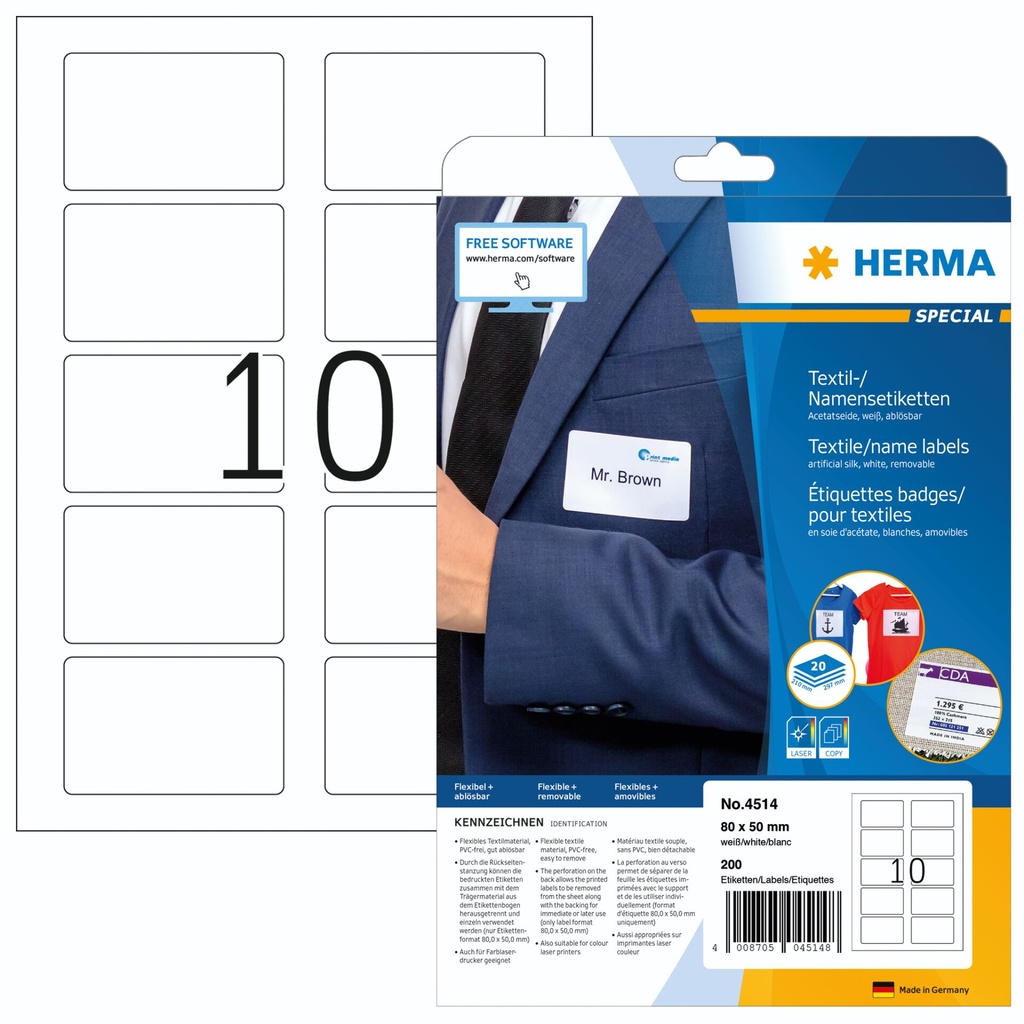 Herma Textil-/Namensetiketten 20x80mm 200 Stück weiß      4514