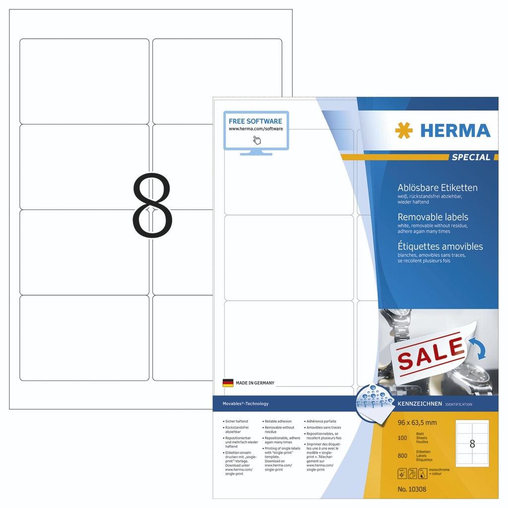 Herma Removable Labels   96X63,5 100 Sheets DIN A4 800 pcs. 10308