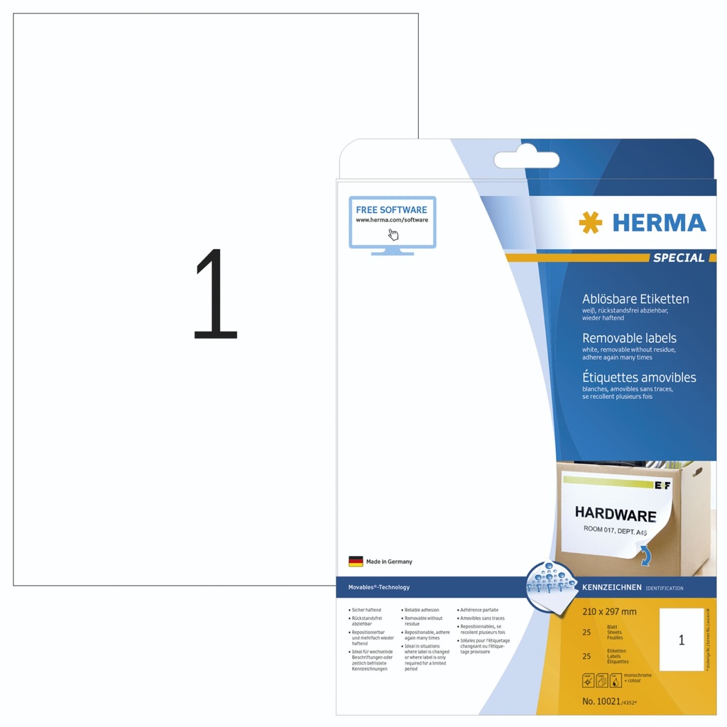 Herma Removable Labels   210X297 25 Sheets DIN A4 25 pcs. 10021