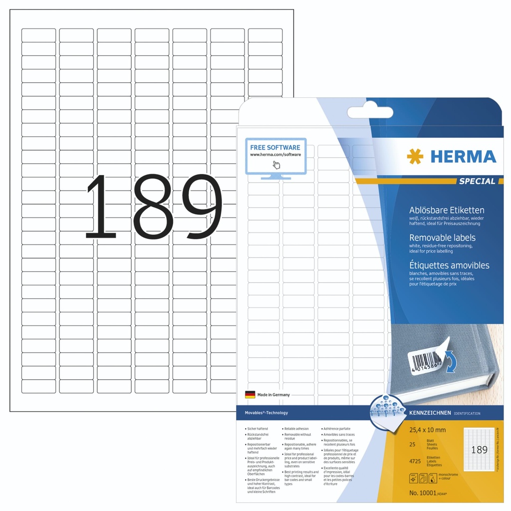 Herma Removable Labels   25,4x10 25 Sh. DIN A4 4725 pcs. 10001