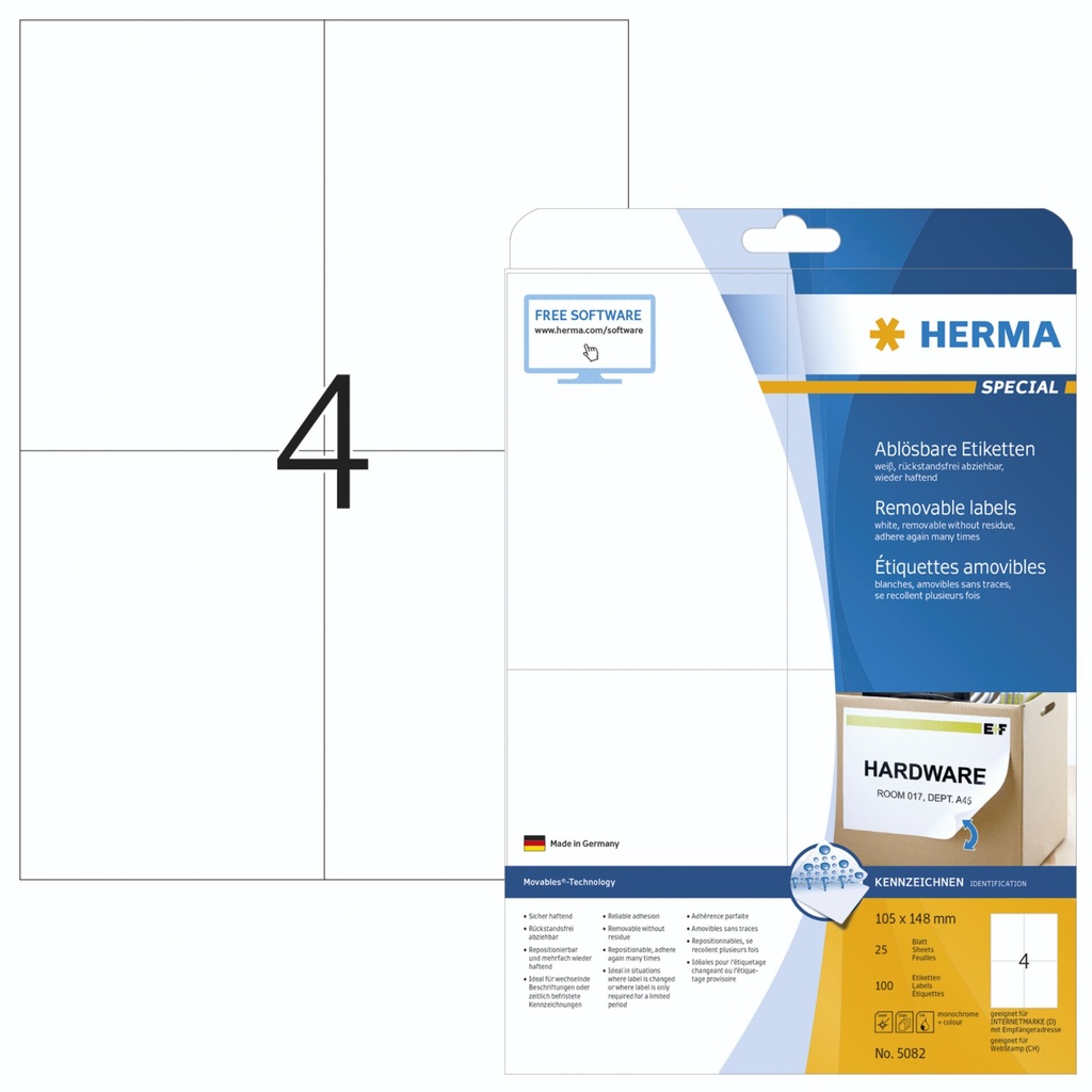 Herma Removable Labels  105X148 25 Sheets DIN A4 100 pcs. 5082