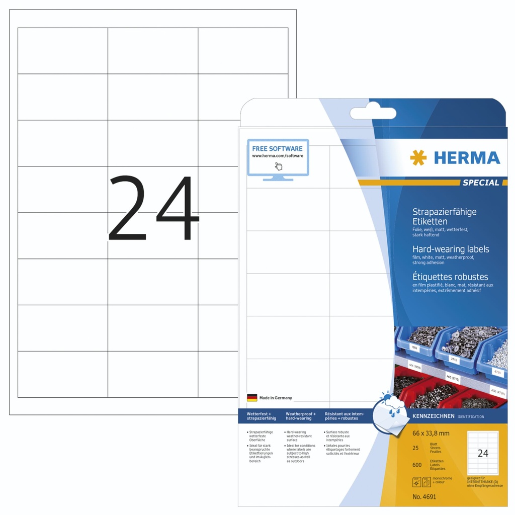 Herma Hardwearing Labels 66X33,8 25 Sheets DIN A4 600 pcs. 4691