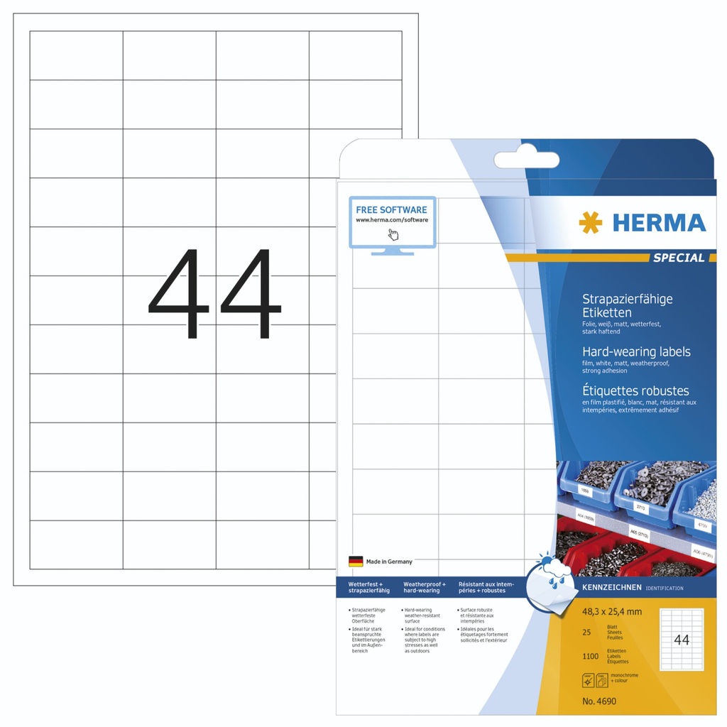 Herma Hardwearing Labels   4690 25 Sheets 1100 pcs.  48,3x25,4
