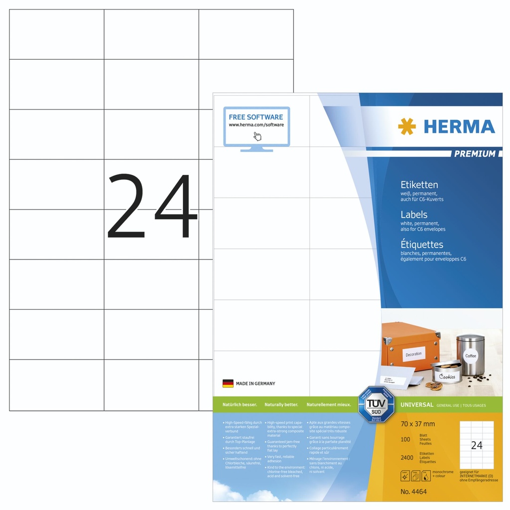 Herma Premium Labels     70x37 100 Sheets DIN A4 2400 pcs. 4464
