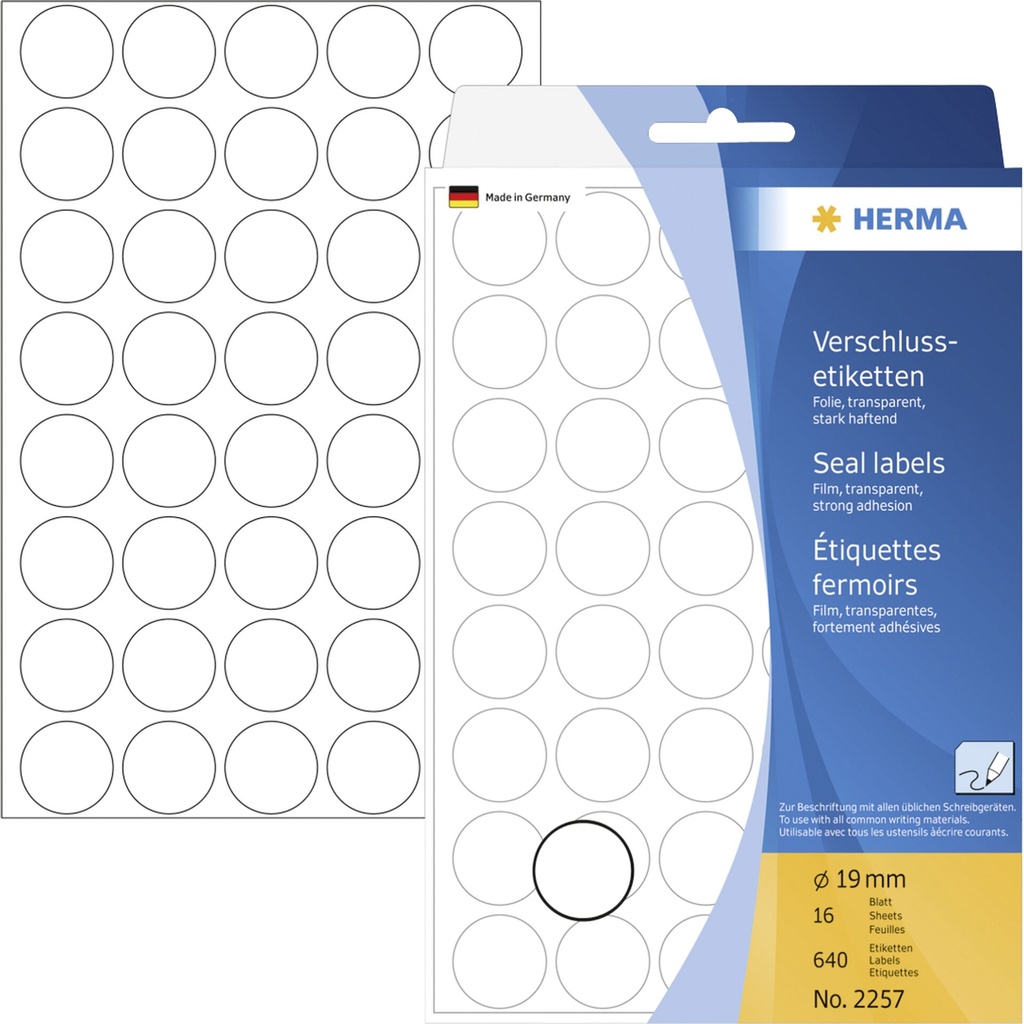 Herma Verschlussetik. rund 19mm 16 Sheet, 640 Stück, transp.2257