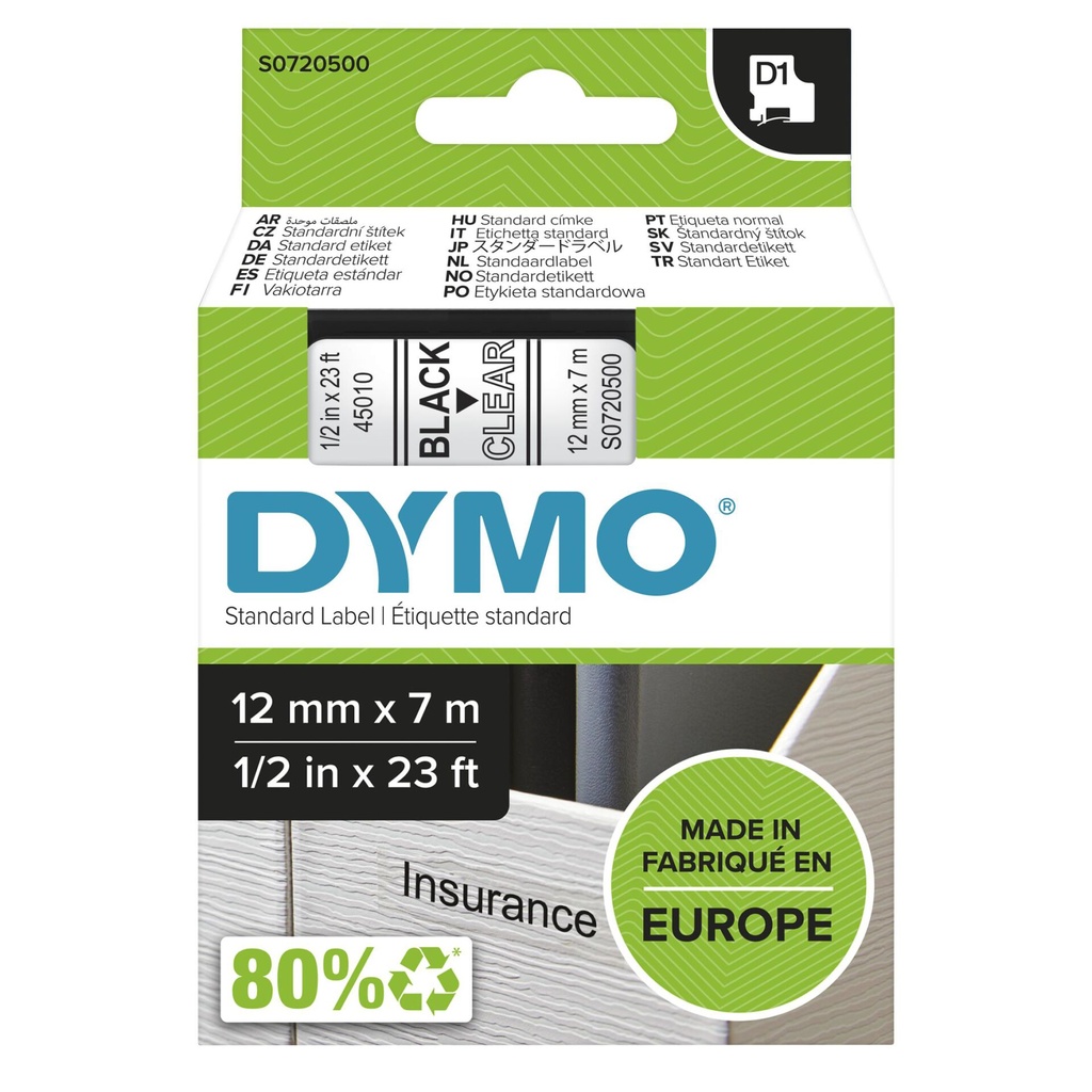 Dymo D1 12mm Black/Clear labels 45010