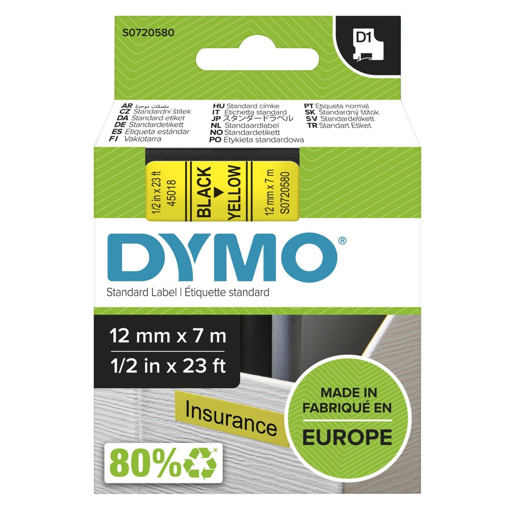 Dymo D1 12mm Black/Yellow labels 45018