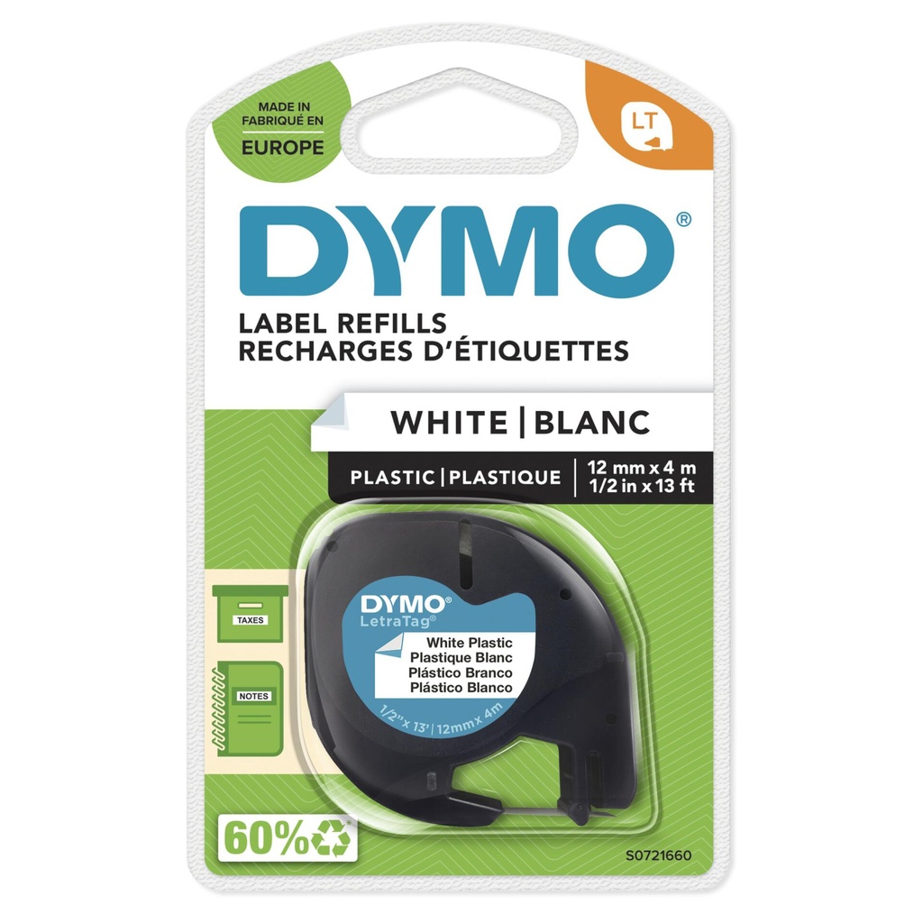 Dymo Letratag Plastic tape white 12mm x 4m            91221