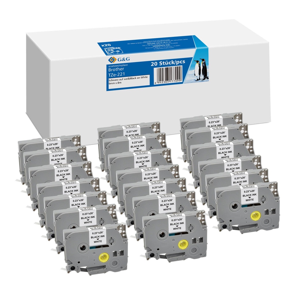 20x G&G Schriftband 9mm x 8m sw- ws komp. m. Brother TZe-221