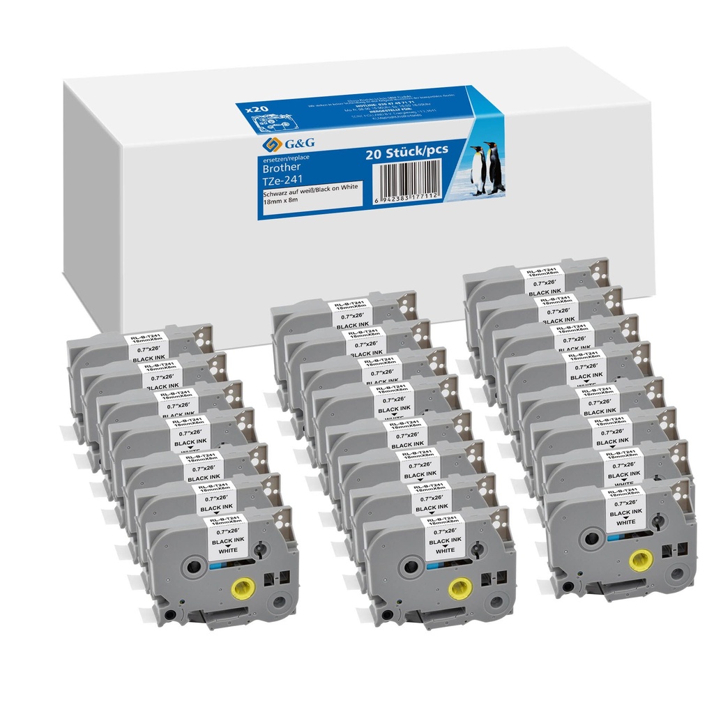 20x G&G Schriftband 18mm x 8m sw ws komp. m. Brother TZe-241