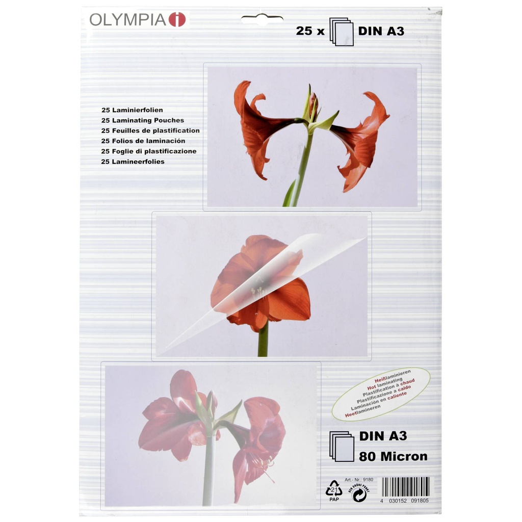 1x25 Olympia Laminating pouches DIN A3 80 micron            9180