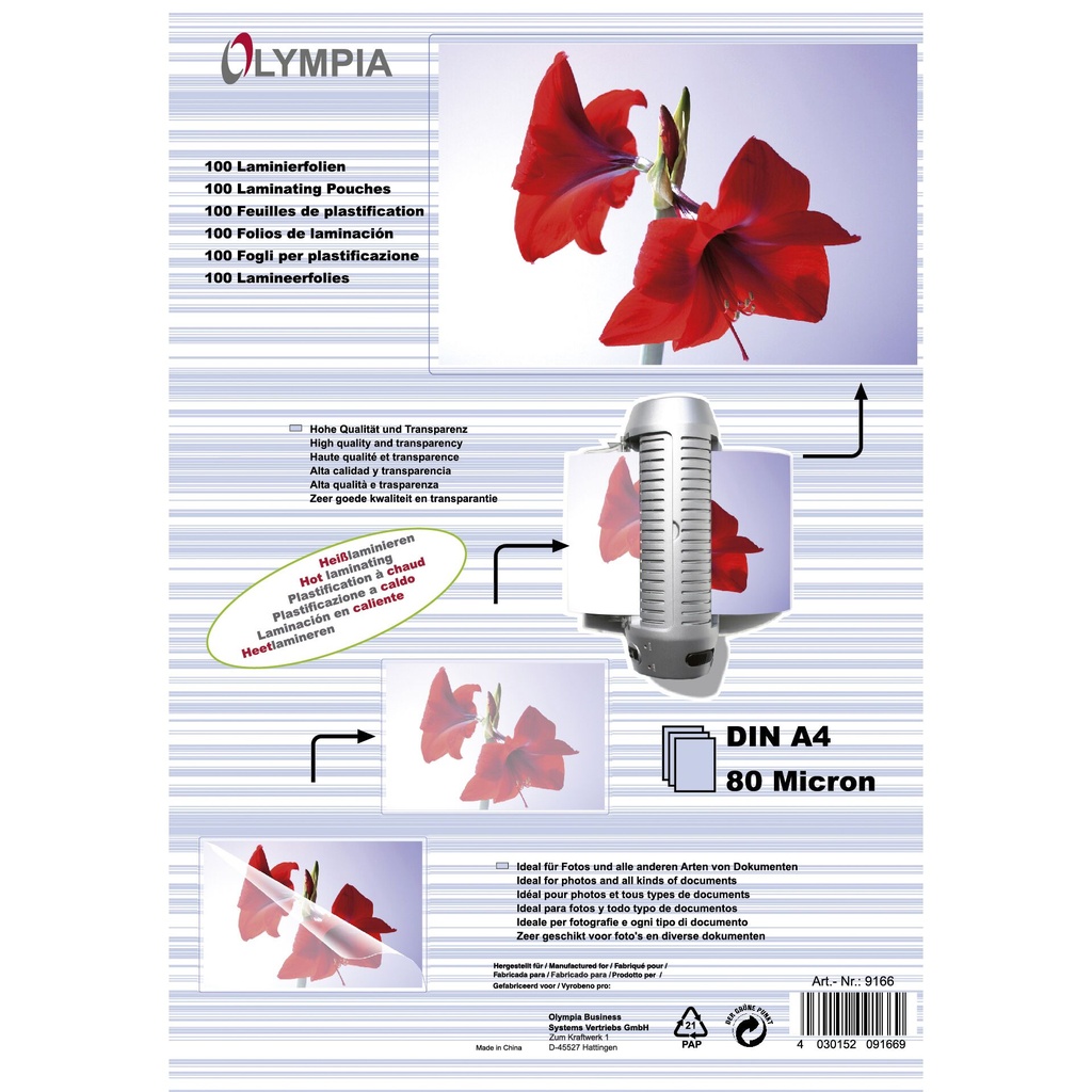 1x100 Olympia Laminating pouches DIN A4 80 micron            9166
