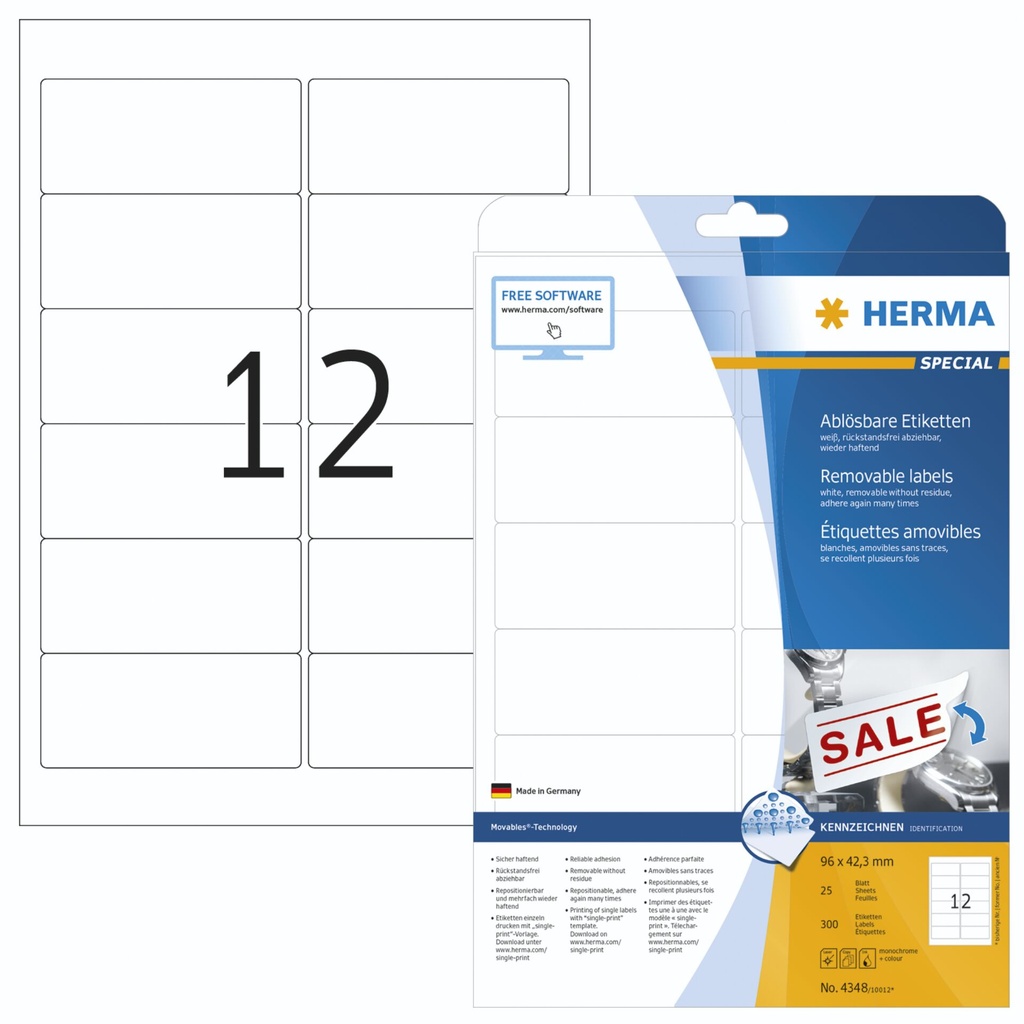 Herma Removable Labels 96X42,3 25 Sheets DIN A4 300 pcs. 4348