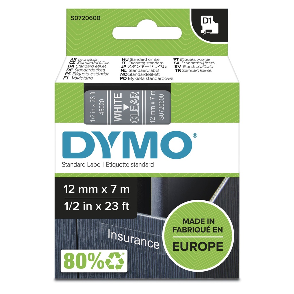 Dymo D1 Schriftband 12 mm x 7 m white / transparent       45020