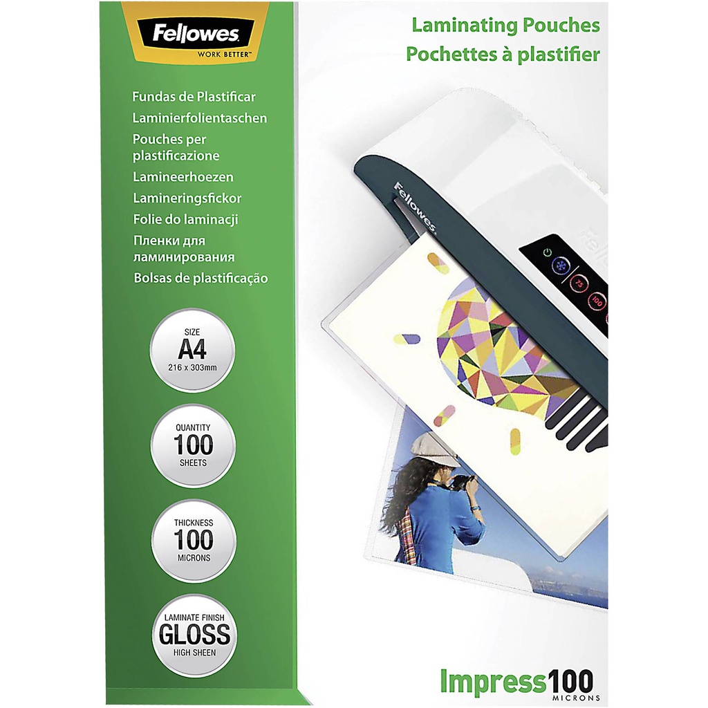 Fellowes A4 Glossy 100 Micron Laminating Pouch 100-pack