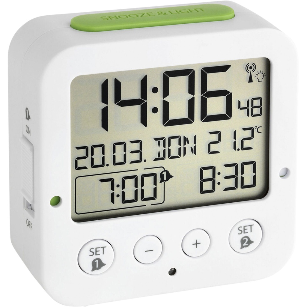 TFA 60.2528.02 Bingo white Digital RC Alarm Clock w. Temper