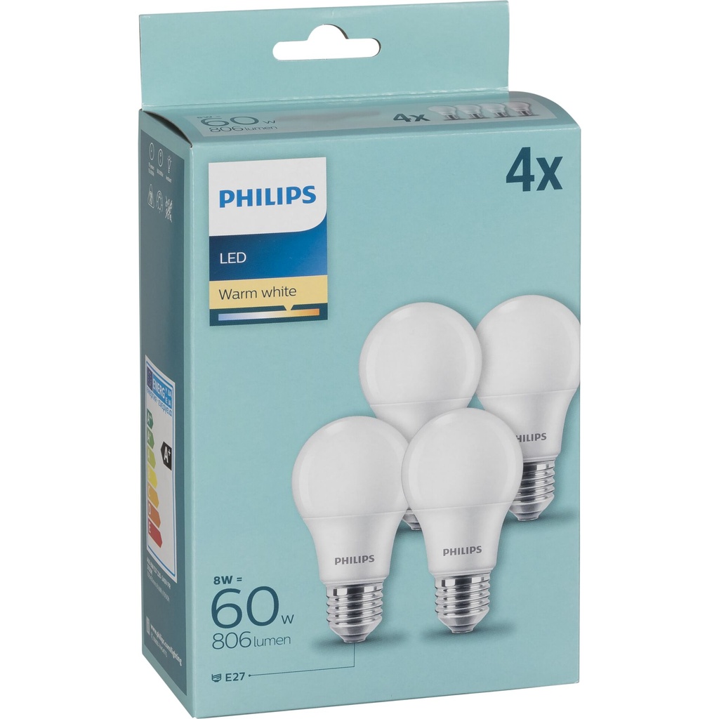 Philips LED Bulb E27 4-Pack 60W 2700K