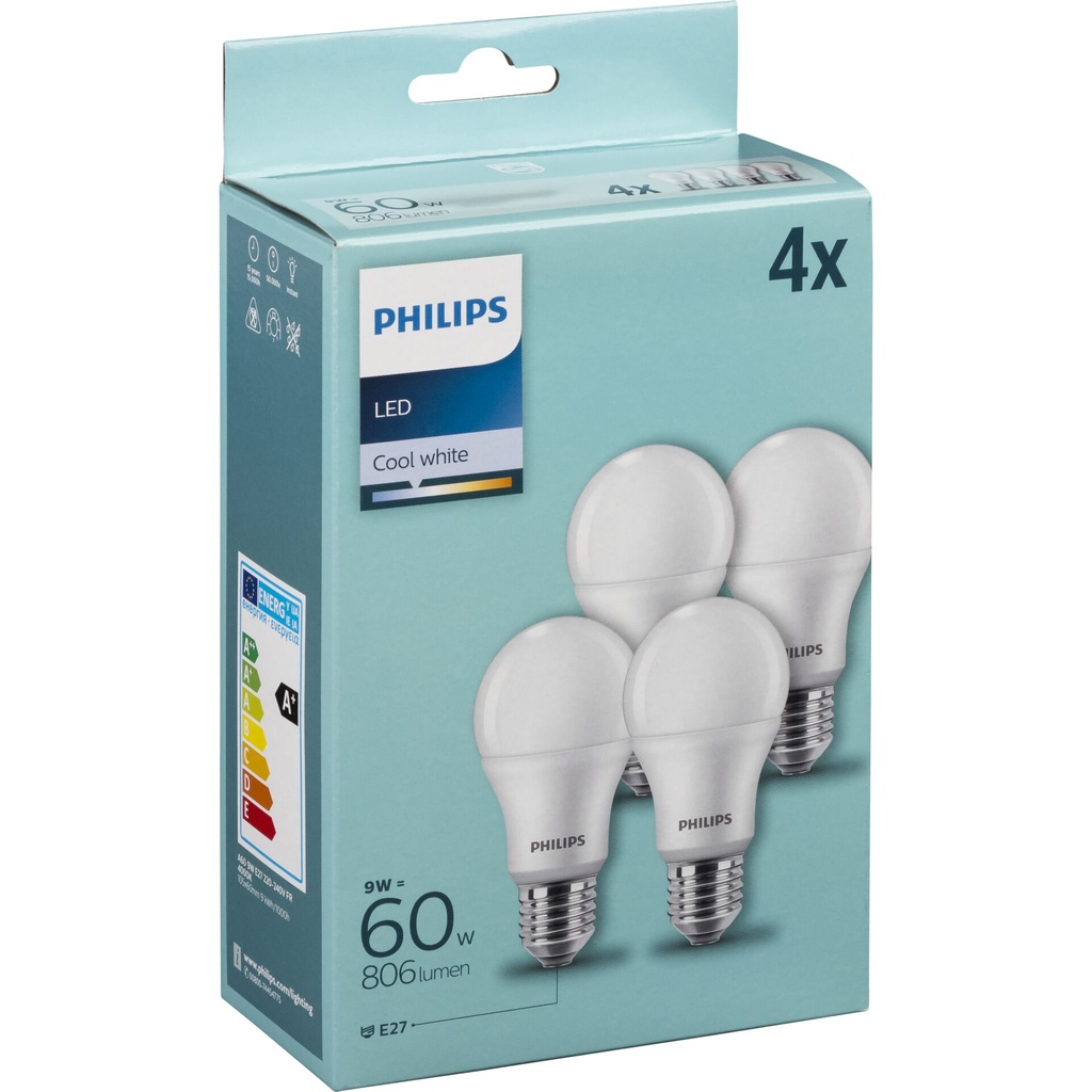 Philips LED Lamp E27 4-Pack 60W 4000K
