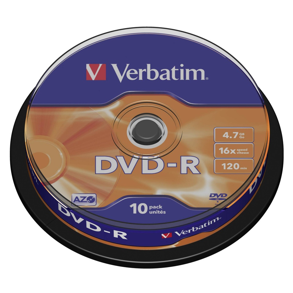1x10 Verbatim DVD-R 4,7GB 16x Speed, matt silver Cakebox