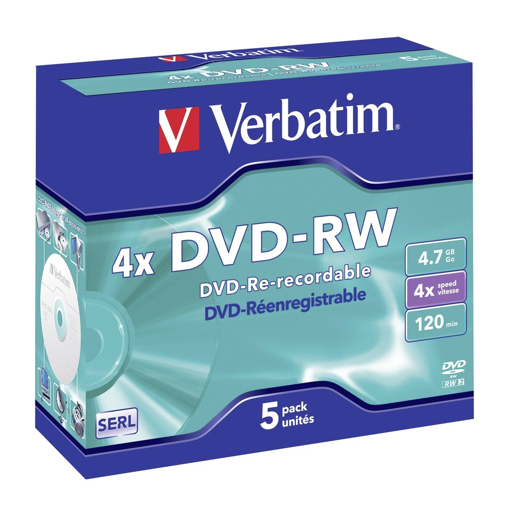 1x5 Verbatim DVD-RW 4,7GB 4x Speed, Jewel Case