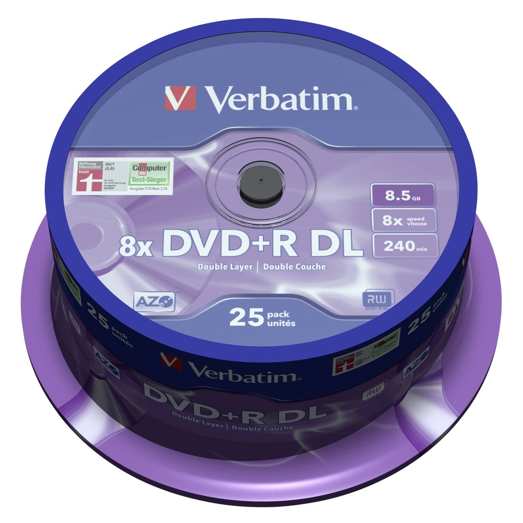 1x25 Verbatim DVD+R Double Layer 8x Speed, 8,5GB matt silver