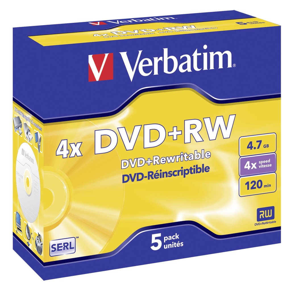 1x5 Verbatim DVD+RW 4,7GB 4x Speed, matt silver Jewel Case