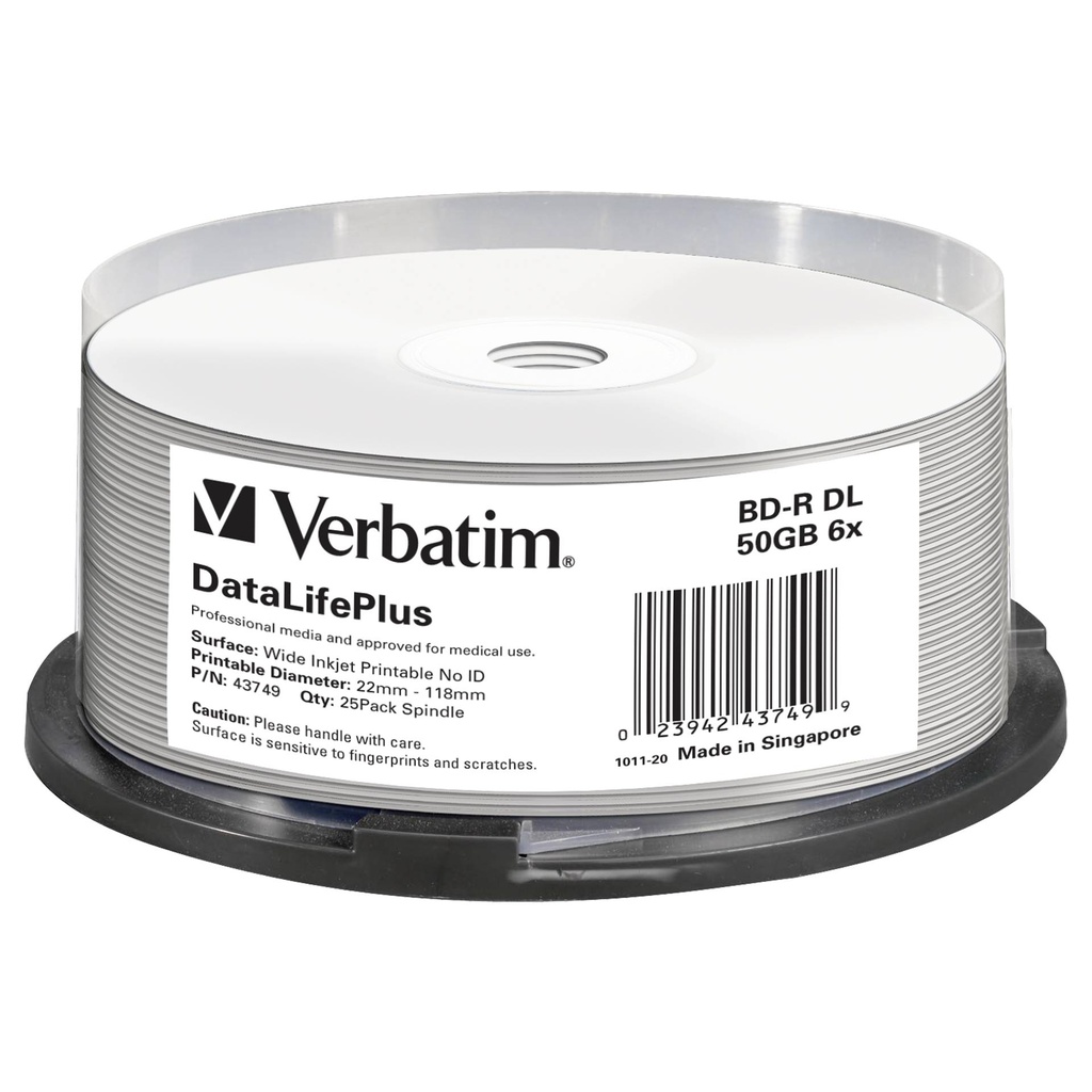 1x25 Verbatim BD-R Blu-Ray 50GB 6x Speed printable Cakebox