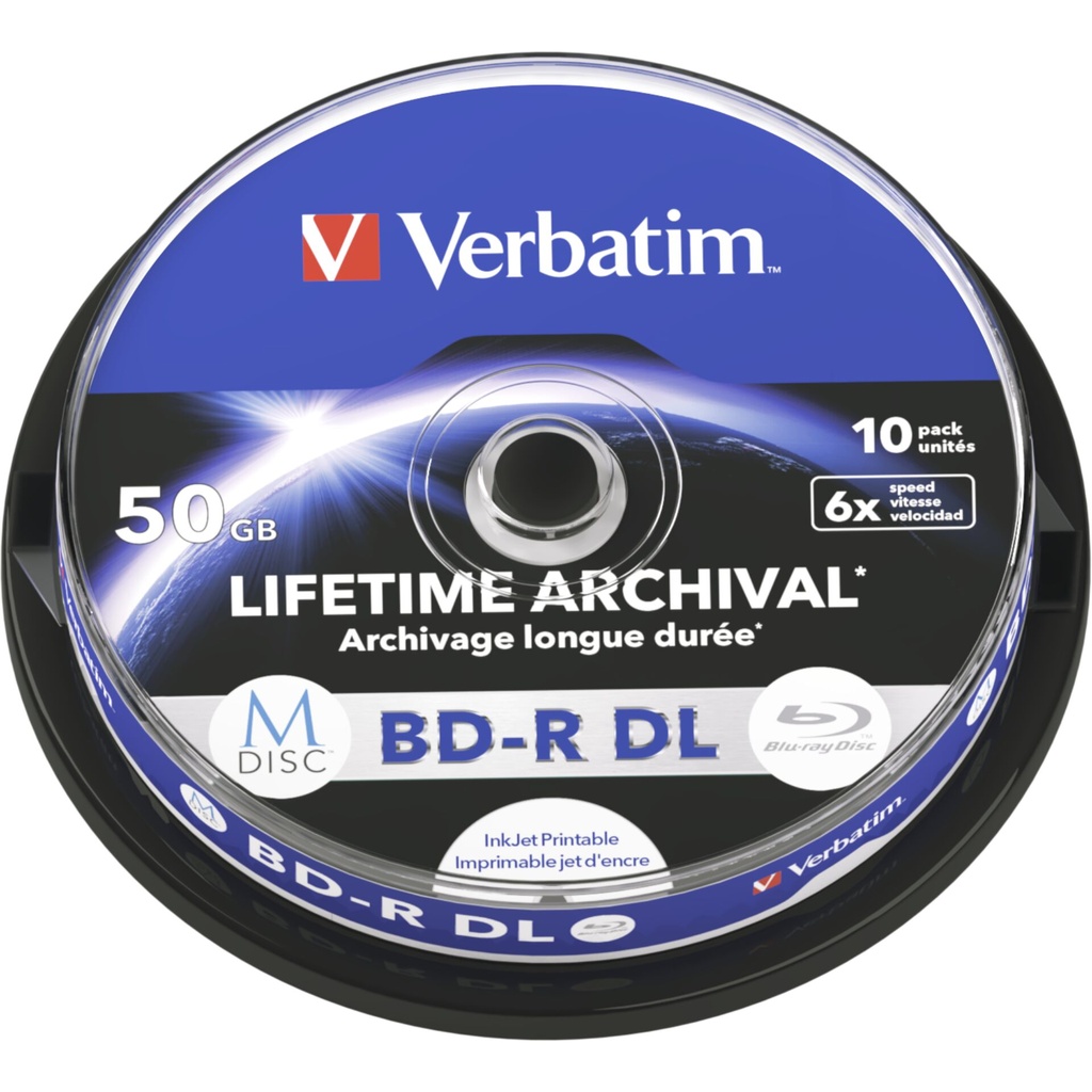 1x10 Verbatim M-Disc BD-R BluRay 50GB 6x Speed Cakebox printable