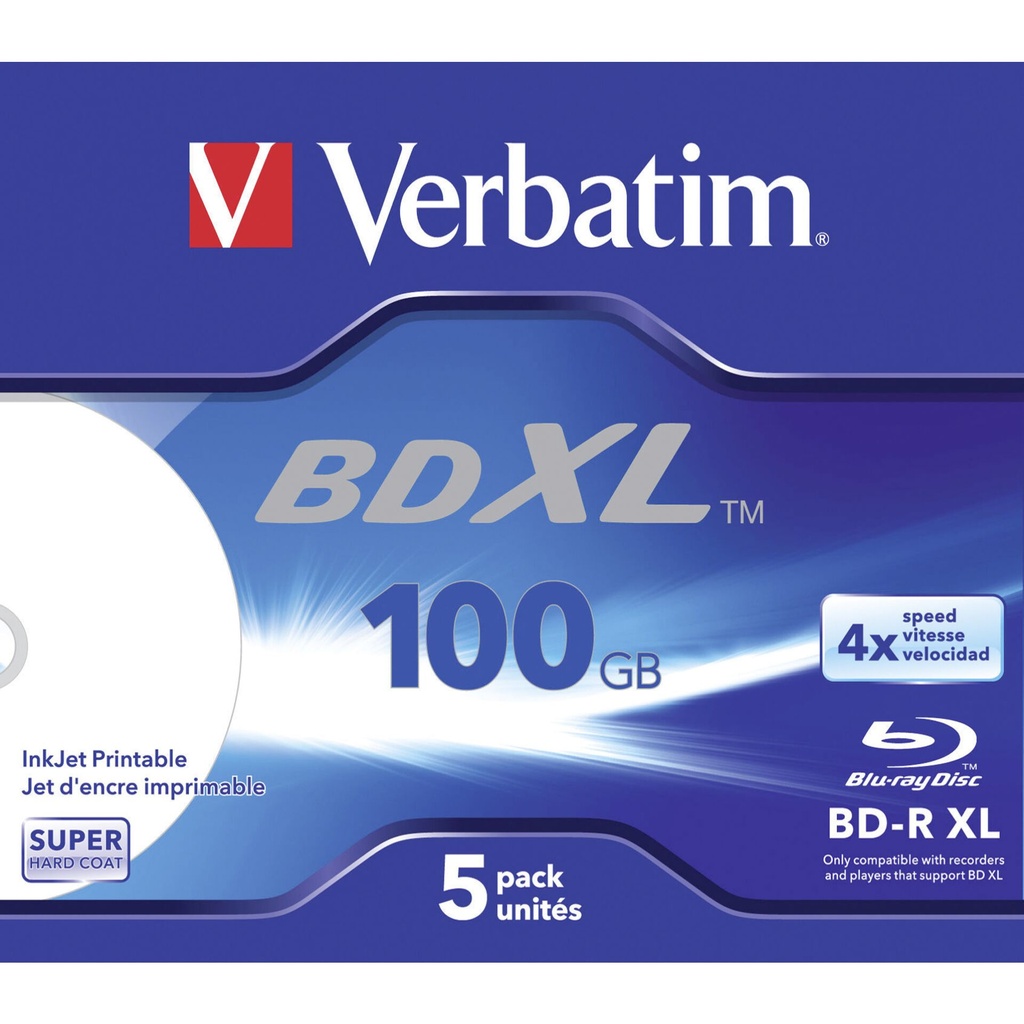 1x5 Verbatim BD-R Blu-Ray 100GB 4x Speed wide printable JC