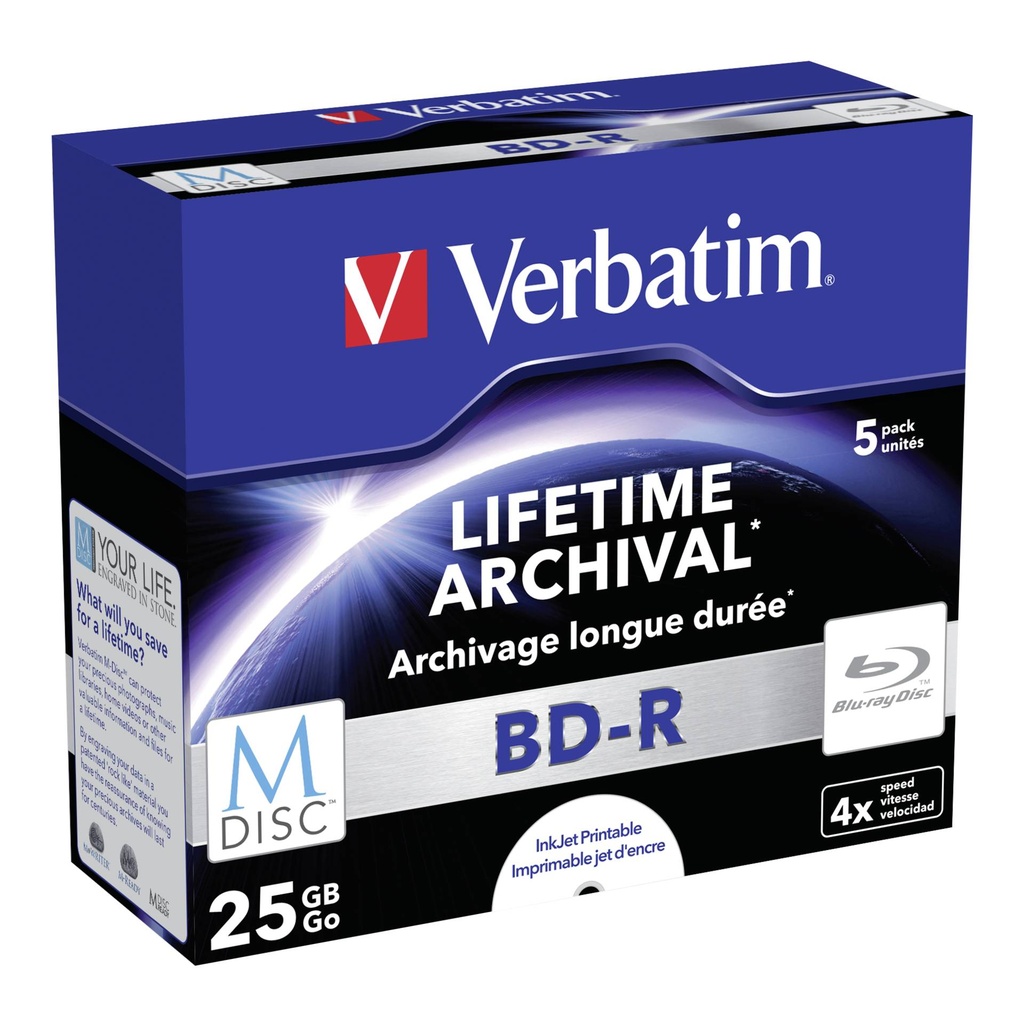 1x5 Verbatim M-Disc BD-R Blu-Ray 25GB 4x Speed, Jewel Case print.