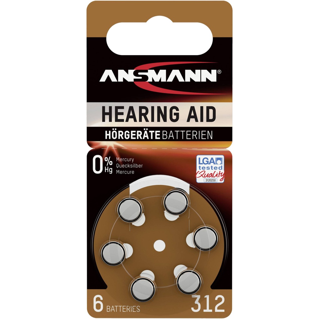 1x6 Ansmann Zinc-Air 312 (PR41) Hearing Aid Batteries