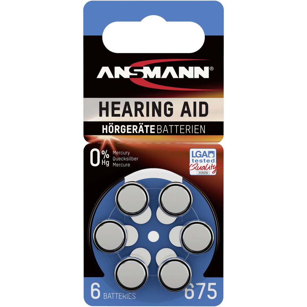 1x6 Ansmann Zinc-Air 675 (PR44) Hearing Aid Batteries