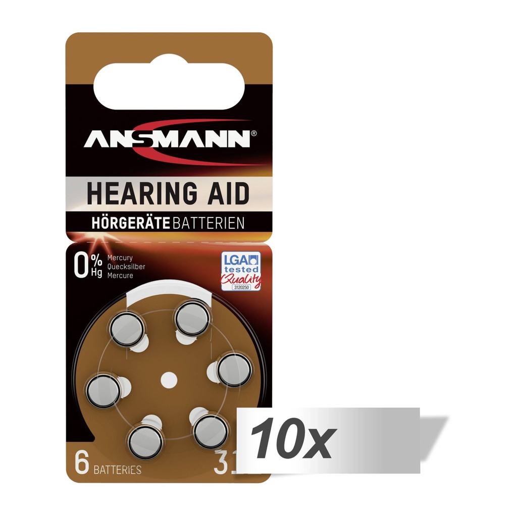 10x6 Ansmann Zinc-Air 312 (PR41) Hearing Aid Batteries