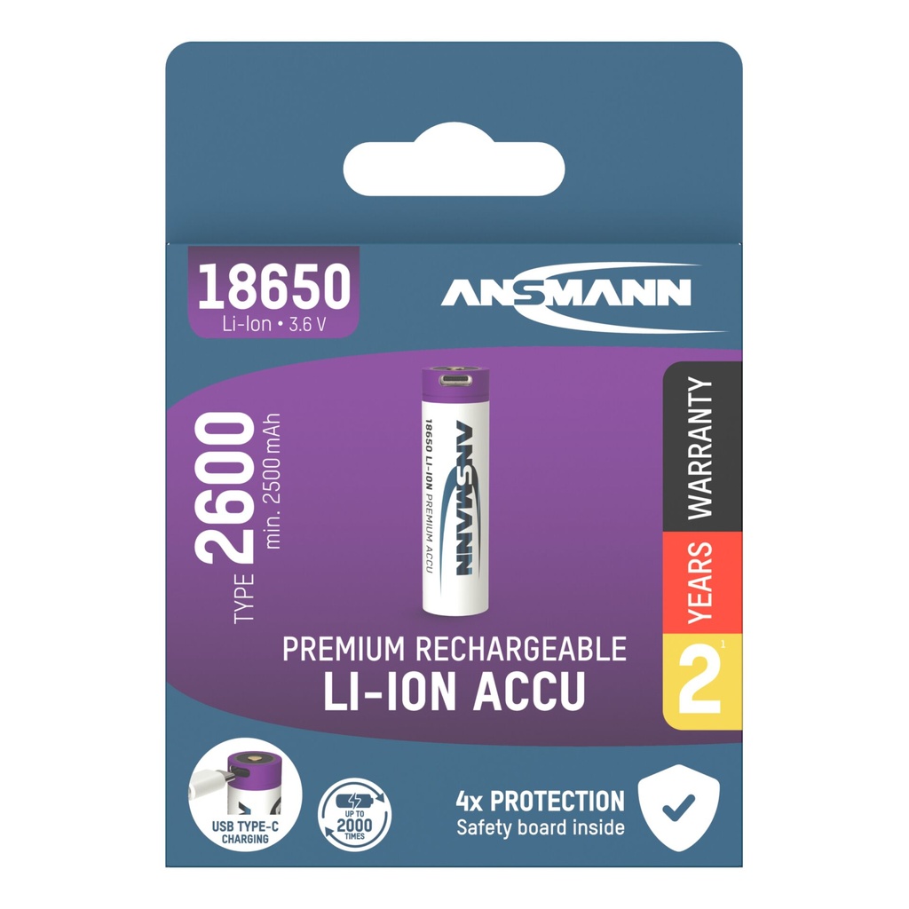 Ansmann Li-Ion 18650 2600mAh 3,6V Micro-USB         1307-0002