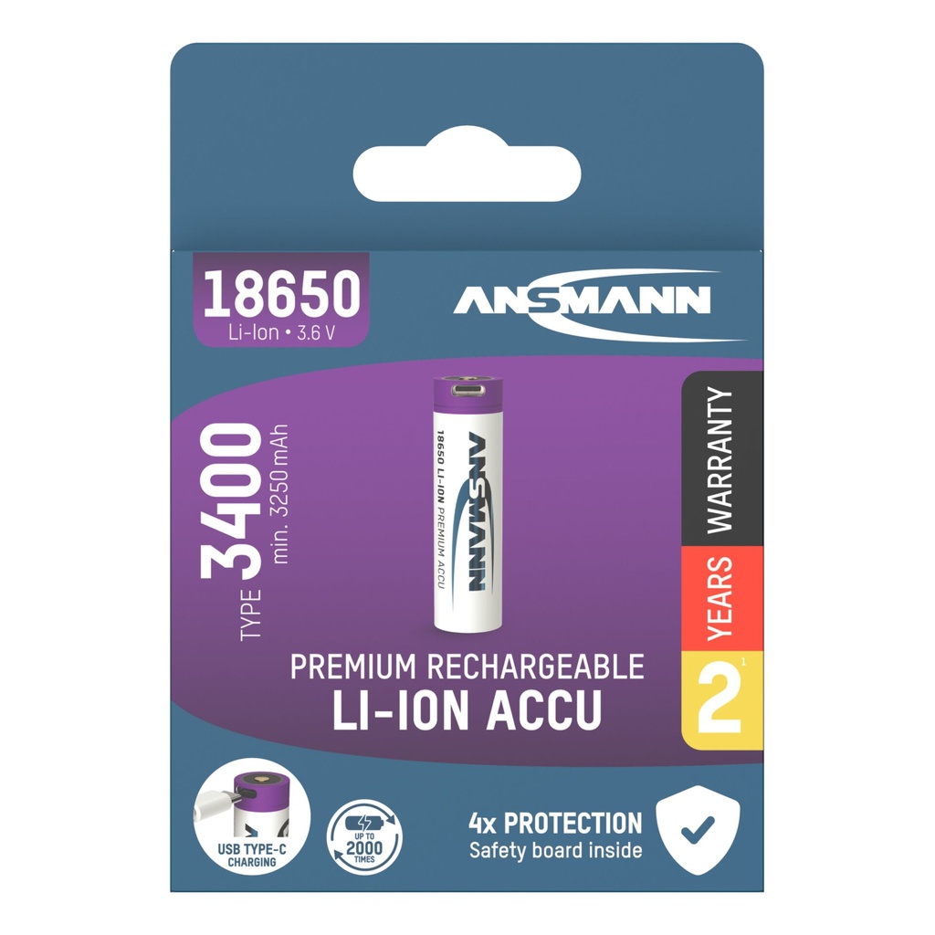 Ansmann Li-Ion 18650 3400mAh 3,6V Micro-USB         1307-0003