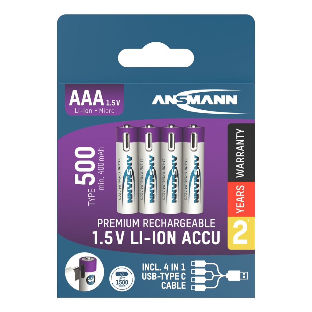 1x4 Ansmann Lithium Akku Micro AAA 400mAh + Cable     1311-0028