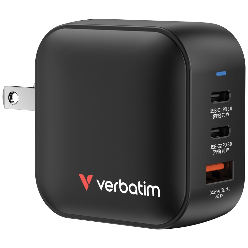 Verbatim Mini GaN Charger 70W 2xUSB-C PD, 1xUSB-A QC 3.0 32229