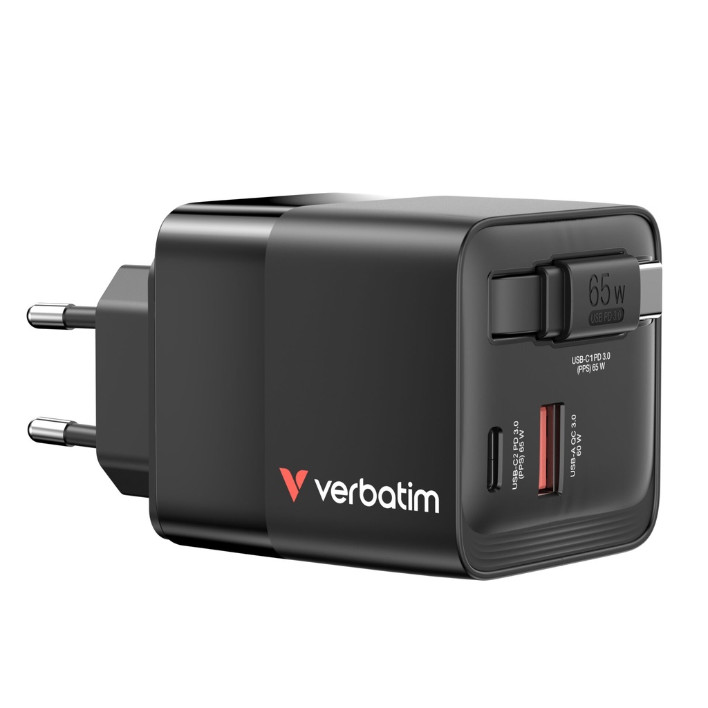 Verbatim Gan Charger 65W 2xUSB-C PD,1xUSB-A, retrac. Cable  32217