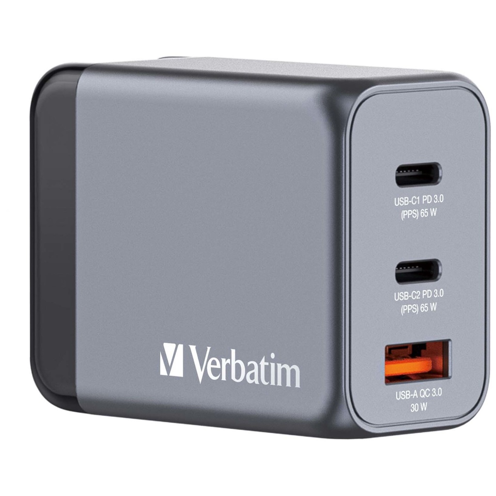 Verbatim GNC-64 GaN Charger 65W 2xUSB-C PD, 1xUSB-A QC 3.0 32201