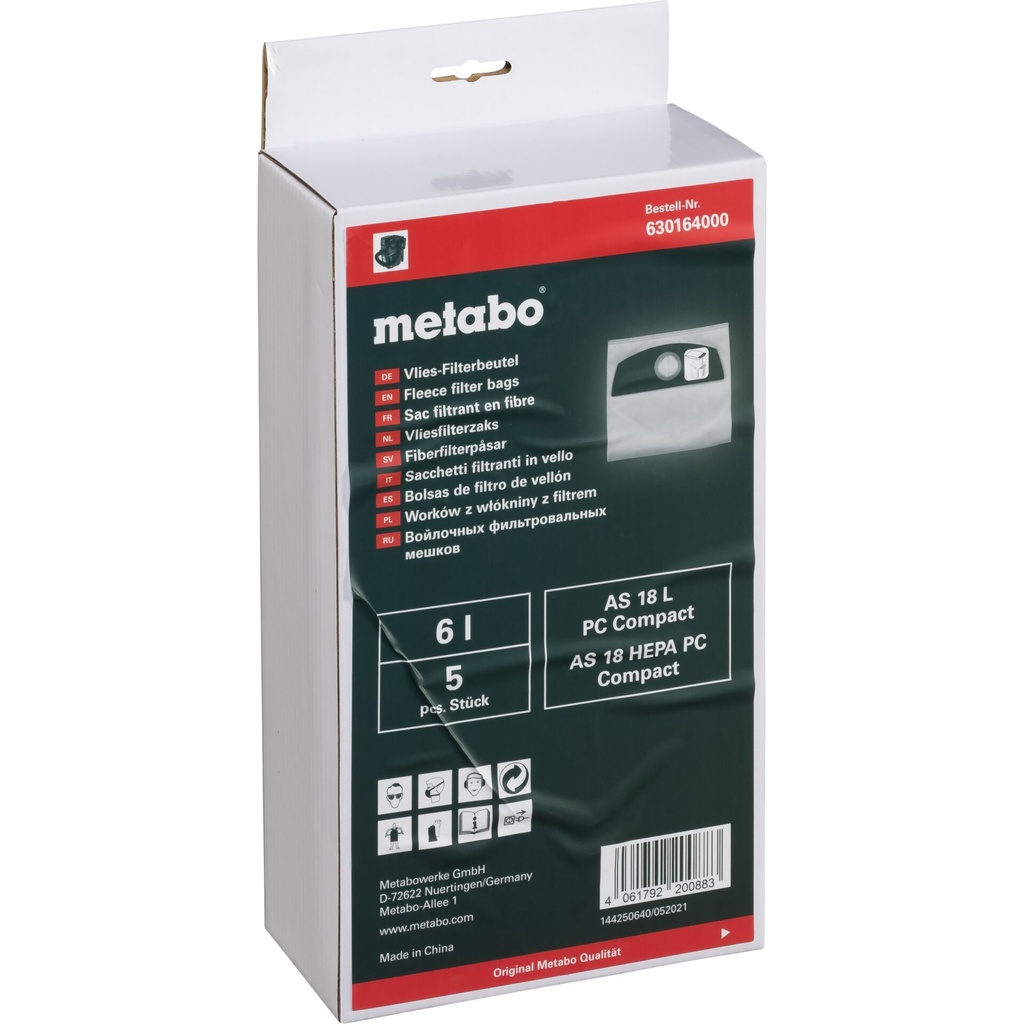 Metabo 5 Fleece Filter Bags 6l AS 18l PC Compact