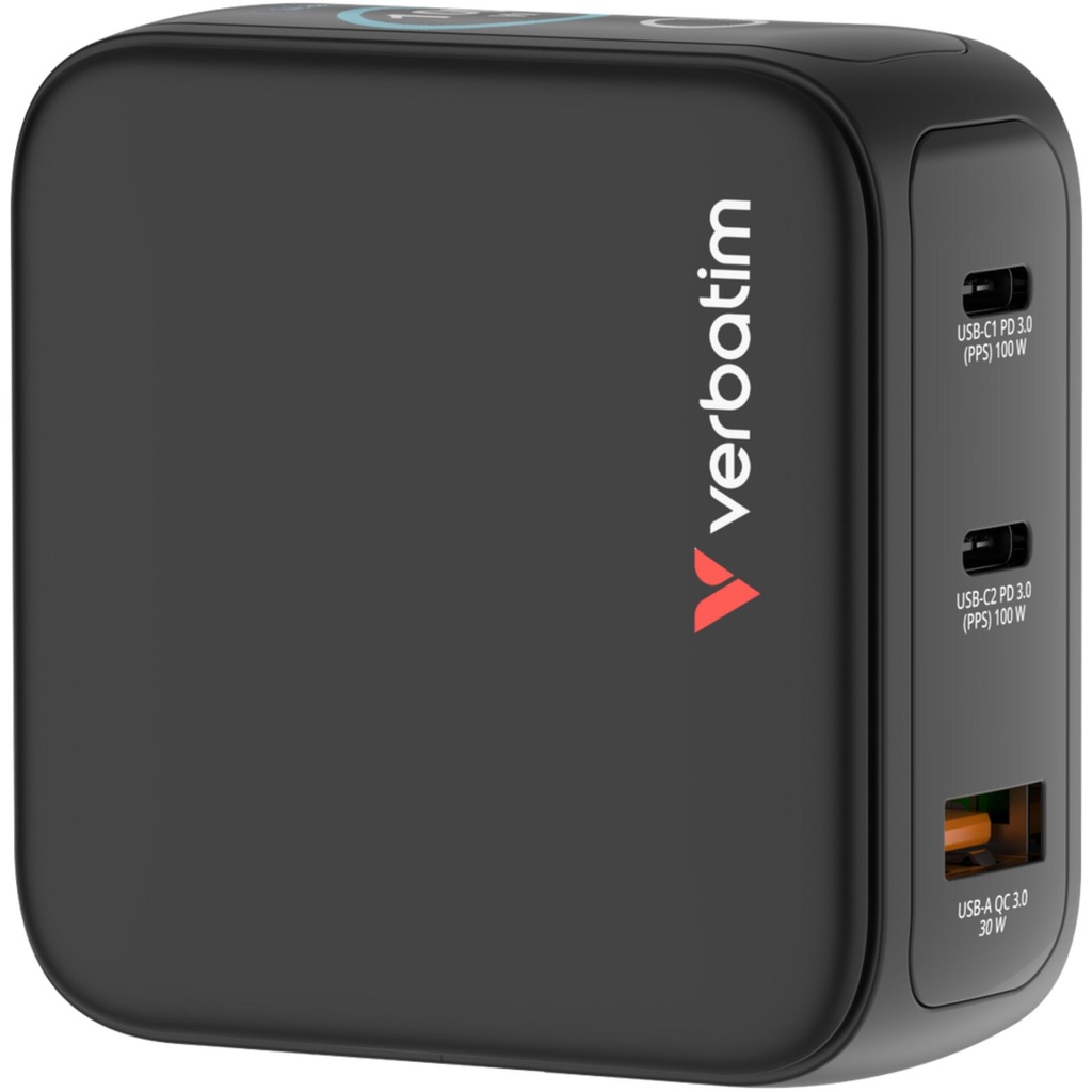 Verbatim Mini GaN Charger 100W with Display 2xUSB-C +1xA 30239
