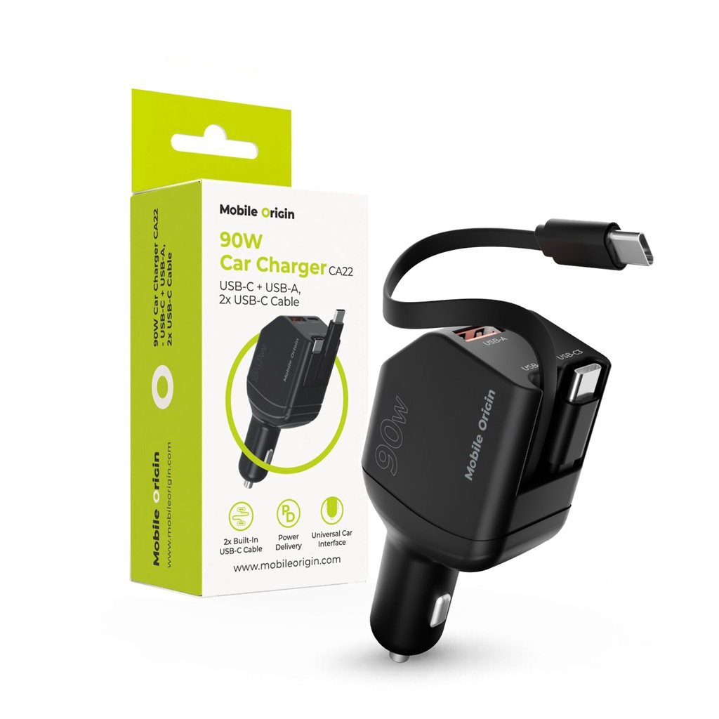 Mobile Origin 90W Car Charger CA22 USB-C+USB-A 2x cable 60cm