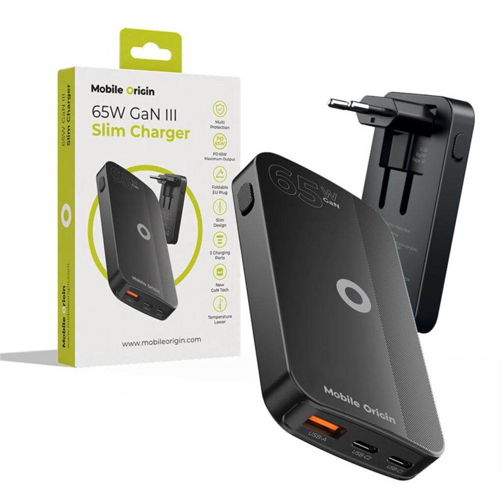 Mobile Origin 65W GaN Slim dual USB-C single USB-A black