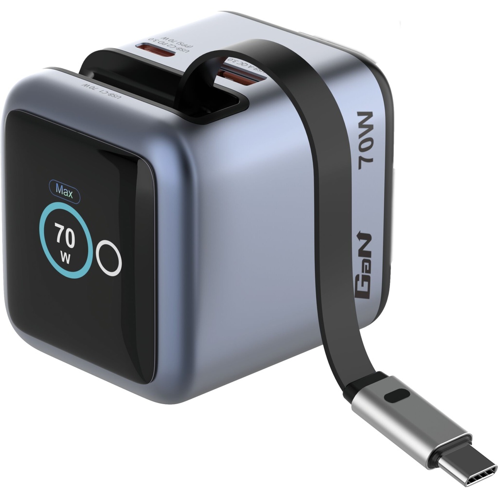 Verbatim Mini GaN Charger 70W Retractable Cable+Display 32059