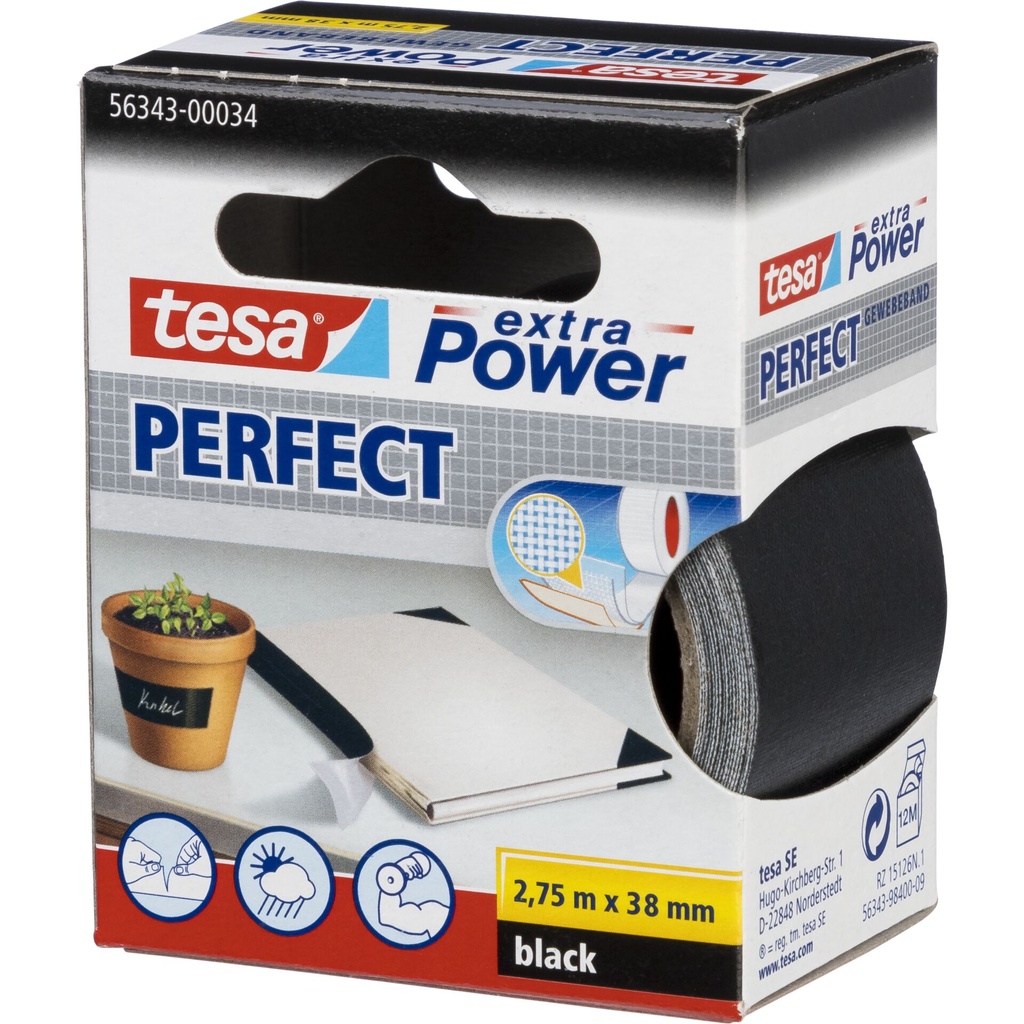 Tesa Cloth Tape 2,75m x 38mm extra Power black Perfekt 56341