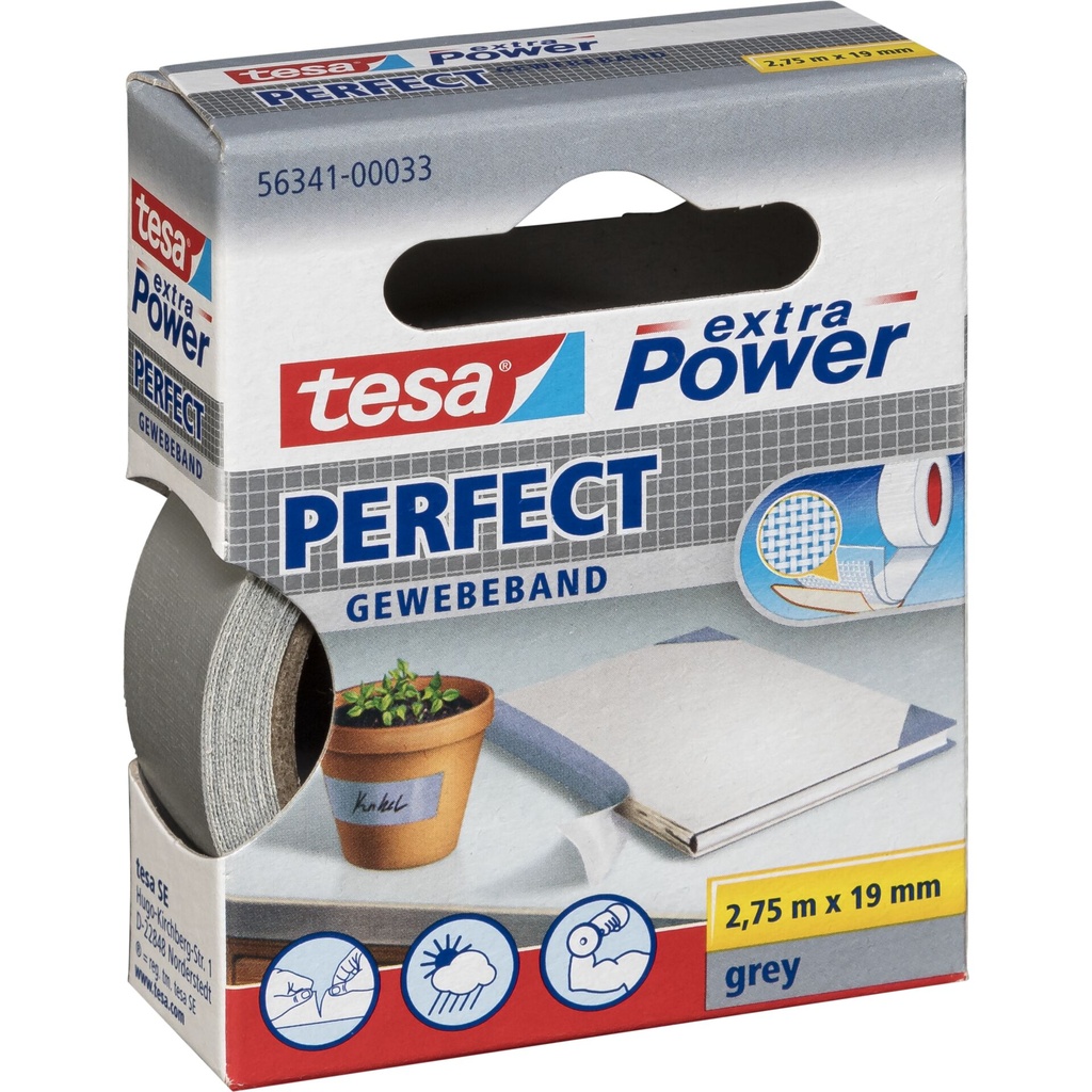 Tesa Gewebekleb. 2,75m x 19mm extra Power grau Perfekt 56341