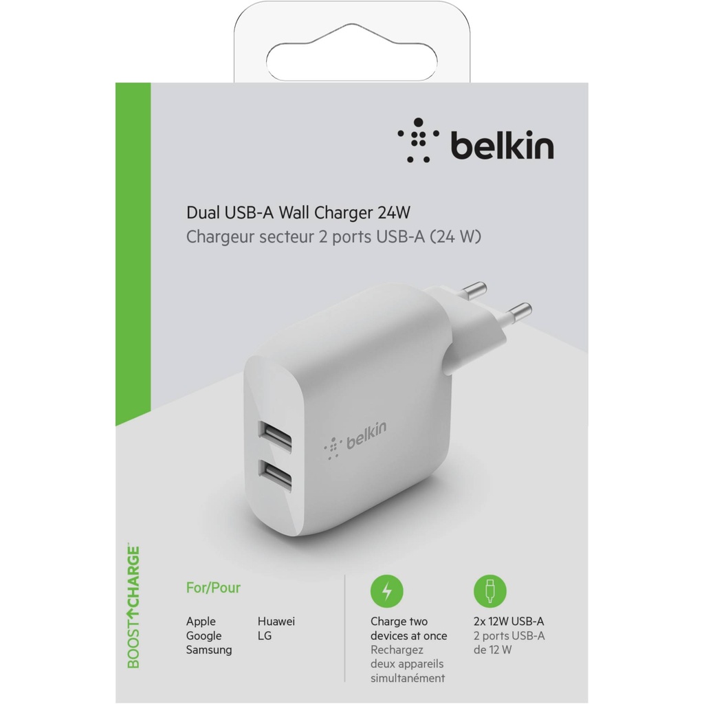 Belkin Dual USB-A Charger, 24W white WCB002vfWH